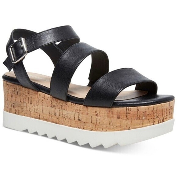 Madden Girl Black Salina Cork Look Wedge FlatForm Sporty Sandal Sz 9 - Picture 1 of 16